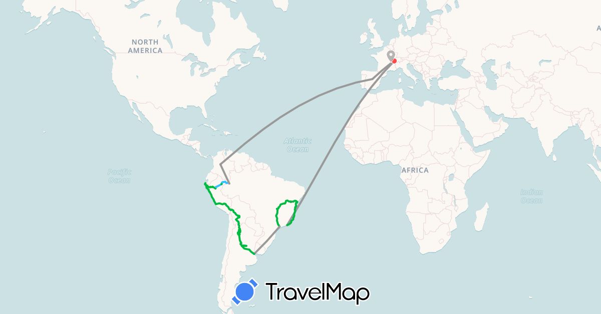 TravelMap itinerary: driving, bus, plane, hiking, boat in Argentina, Bolivia, Brazil, Switzerland, Colombia, Spain, France, Peru (Europe, South America)